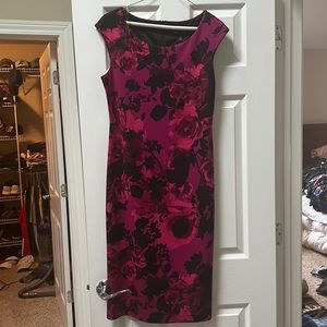 Form fitting deep pink and black flowered dress 10
